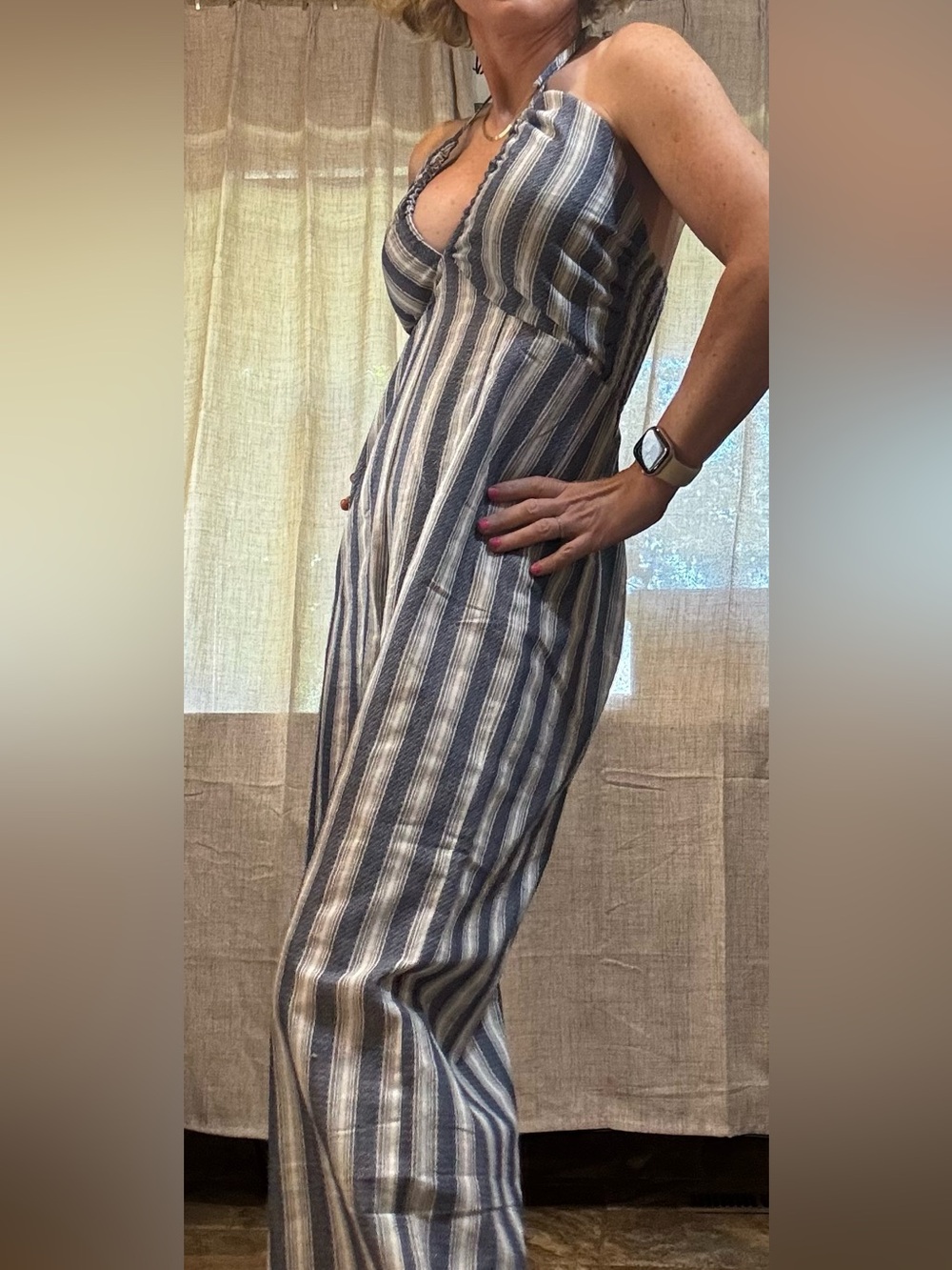 Cupshe Striped Halter Wide-Leg Jumpsuit in Navy & White - Picture 3 of 9